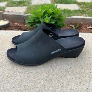 Mephisto Nubuck Leather Peep Toe Slide Wedge Shoes